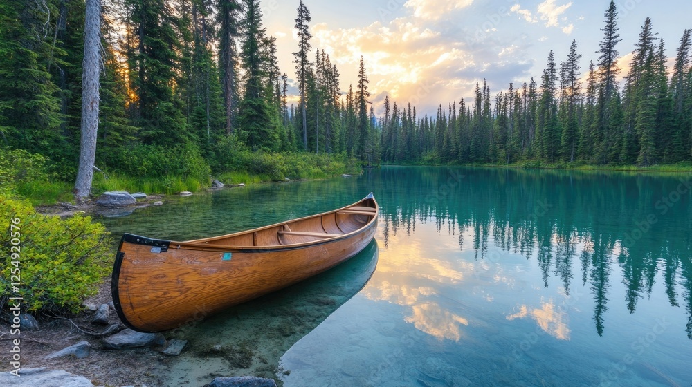 Fototapeta premium Wooden canoe resting on the edge of a tranquil lake during sunrise