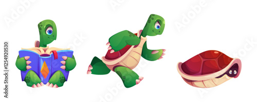 Cute cartoon tortoise characters in different poses - sitting and reading book, running happily, hiding inside red shell. Green turtle mascot showing playful expressions. Funny friendly reptile.