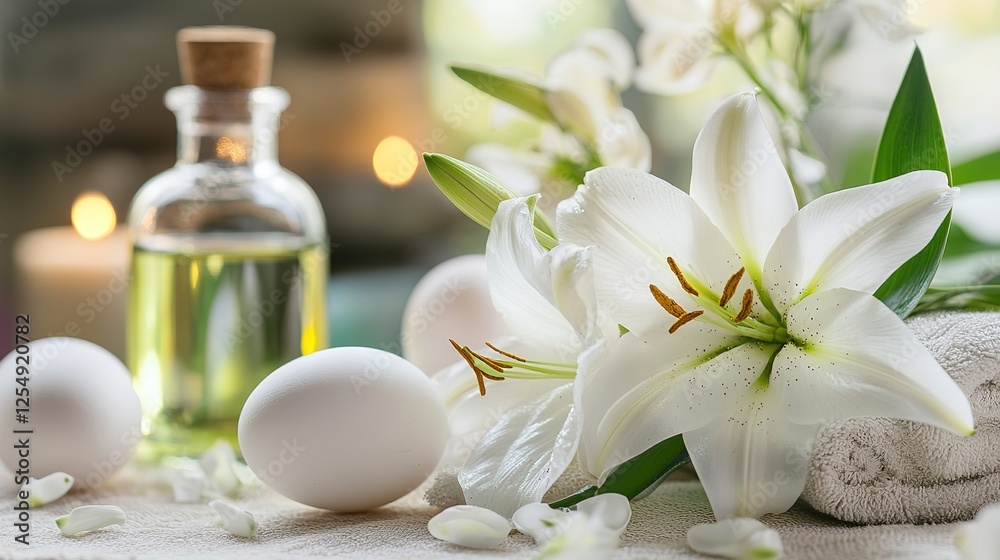 Serene Spa Setting with Lilies, Eggs, and Aromatic Oil for Relaxation and Wellness Serene Spa Setting with Lilies, Eggs, and Aromatic Oil for Relaxation and Wellness