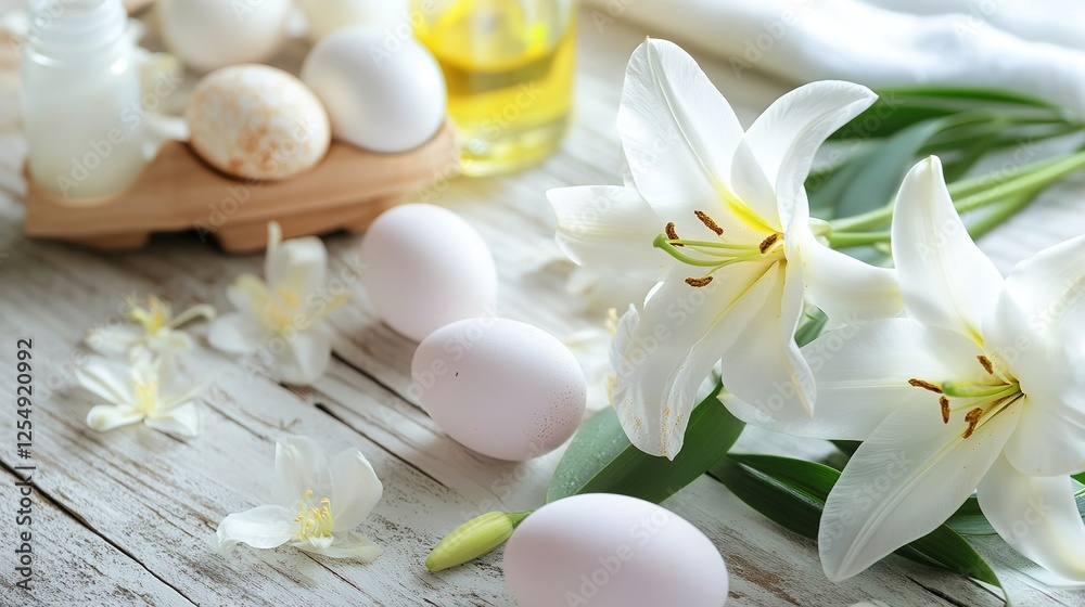 Serene Spa Setting with Lilies, Eggs, and Aromatic Oil for Relaxation and Wellness Serene Spa Setting with Lilies, Eggs, and Aromatic Oil for Relaxation and Wellness
