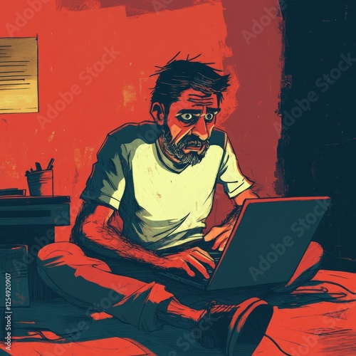 Anxious Man Working Late at Night on a Laptop in a Dimly Lit Room, Capturing the Essence of Isolation and Focused Creativity.