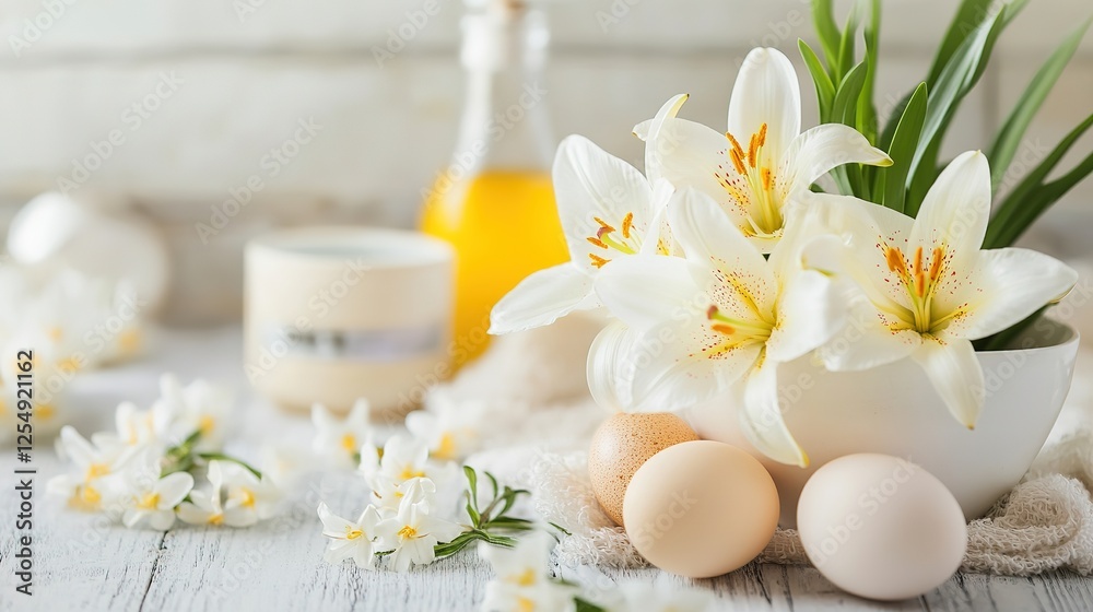 Serene Spa Setting with Lilies, Eggs, and Aromatic Oil for Relaxation and Wellness Serene Spa Setting with Lilies, Eggs, and Aromatic Oil for Relaxation and Wellness