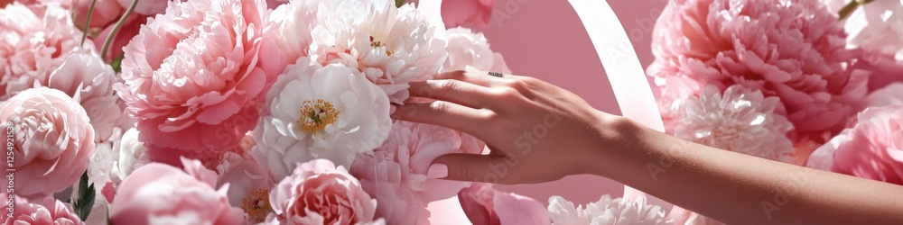 Obraz premium Delicate Hand Touching Vibrant Pink Peony Blossoms: A Moment of Nature's Beauty and Elegance.