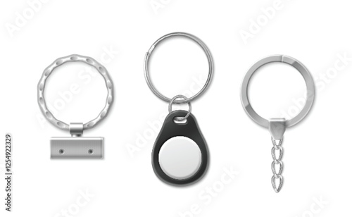 Key chain ring collection with metallic holders - textured band with steel plate, black pendant or key fob with circle, smooth band with decorative link extension. Mockup set for brand identity.