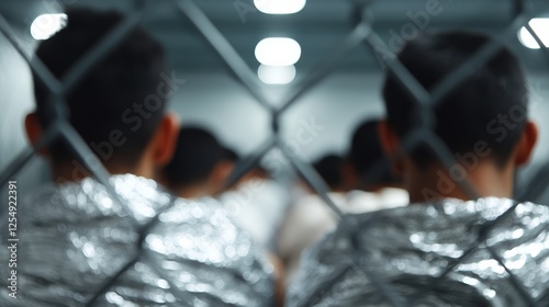 Overcrowded detention facility with chain link fences rows of migrants sitting on the floor wrapped in foil blankets under harsh fluorescent lights 