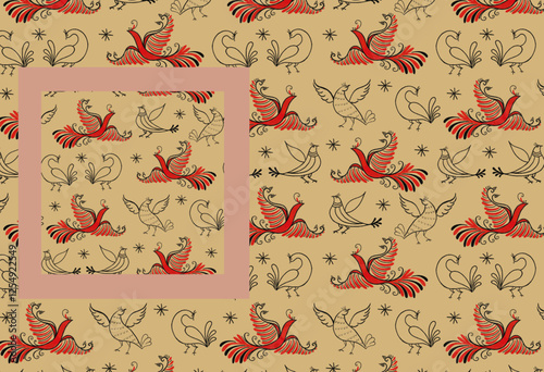 Symbolic geometric image of the mythical firebird. Traditional Slavic red and black cultural ornament. Animal folk pattern wallpaper on a craft light brown background.