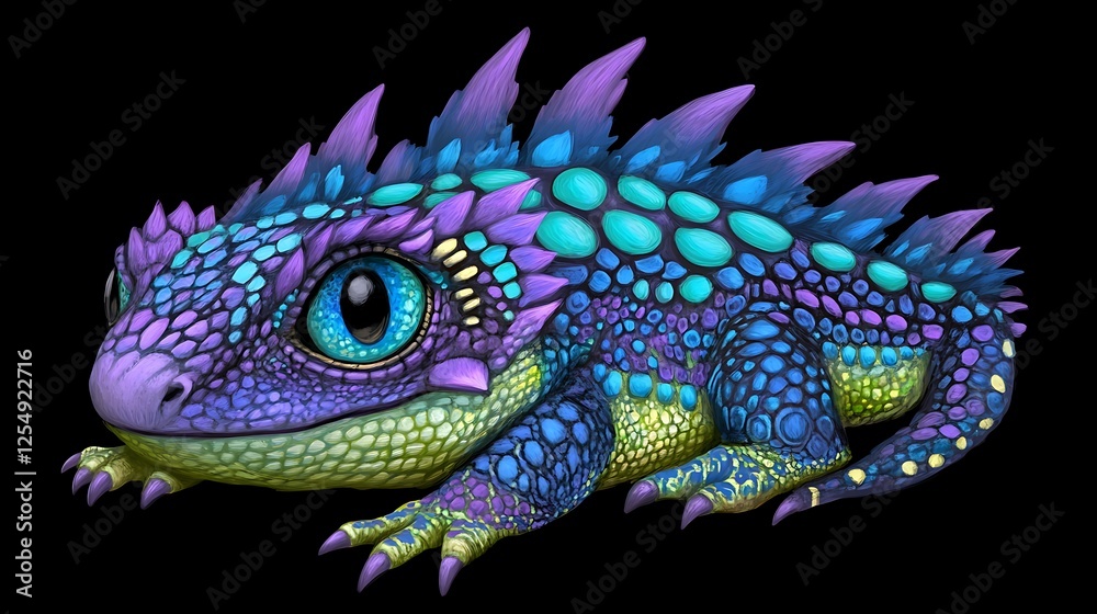 Obraz premium Colorful Scaled Reptile with Spikes and Big Eyes Fantasy Creature Detailed Illustration