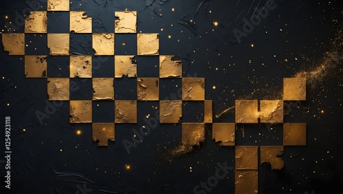 Golden Chessboard Abstract: A dramatic abstract image featuring a gold and black checkered pattern reminiscent of a chessboard, with a textured, metallic look and subtle golden sparkle.