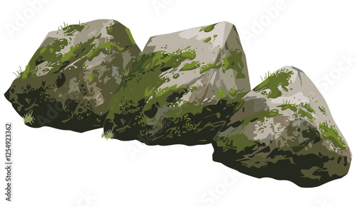 3d rendering mossy rock shape, cut out nature rock, transparent background, png file, natural moss, textured stone, nature rock shape, green moss rock, 3d rock illustration