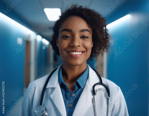 Una doctora negra con bata blanca y estetoscopio en el pasillo de un hospital azul