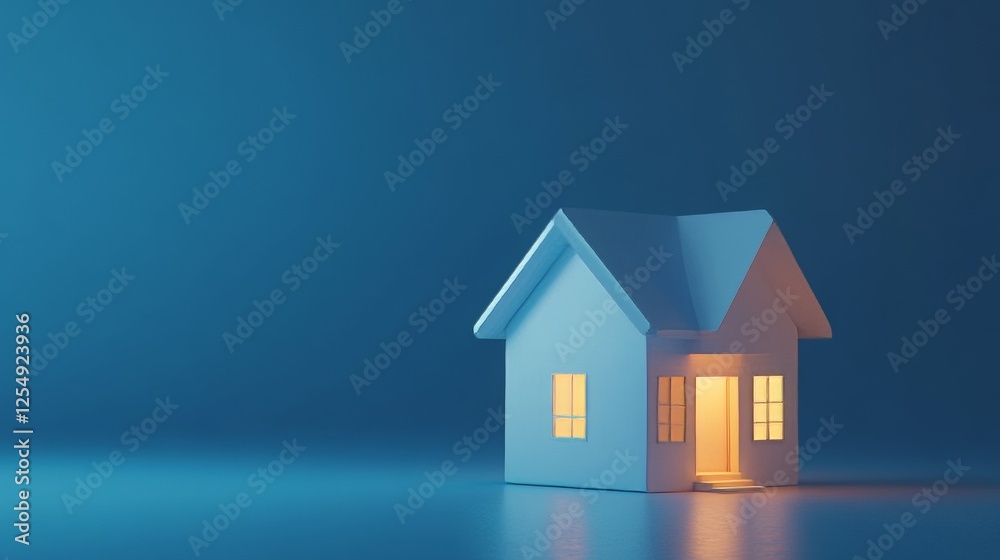A smart house hologram on a blue background symbolizes AI and virtual assistant technology.