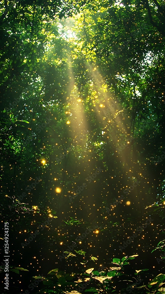 Fototapeta premium Captivating abstract background of sun rays breaking through a forest canopy with glowing green and gold hues