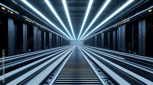 A futuristic tunnel illuminated by bright lights, showcasing parallel tracks receding into the distance, creating a sense of depth and perspective. photo