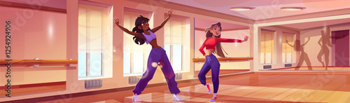 Contemporary dance studio with young women practicing modern choreography. Bright ballet training room with wooden floor, mirror walls, ballet barres, sunlit windows. Energetic dancers during workout.