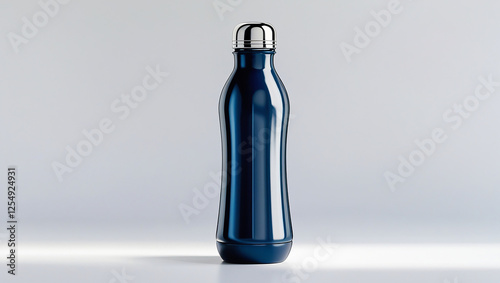 A sleek blue water bottle with a metallic cap stands against a light background. The bottle's shape has a slightly pinched center, with a rounder top and base.