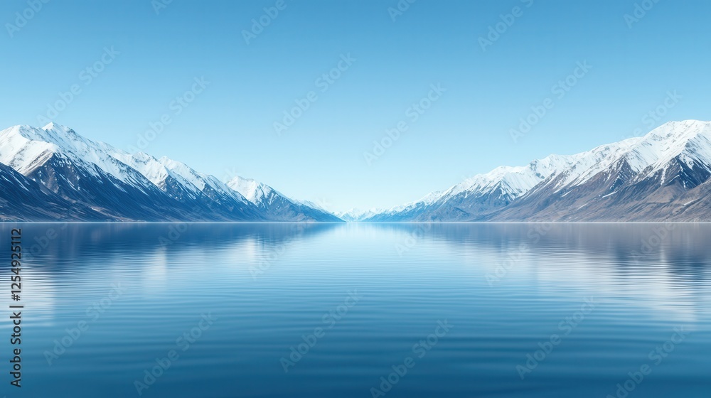 A serene landscape featuring a calm lake reflecting snow-capped mountains under a clear blue sky. A serene landscape featuring a calm lake reflecting snow-capped mountains under a clear blue sky.