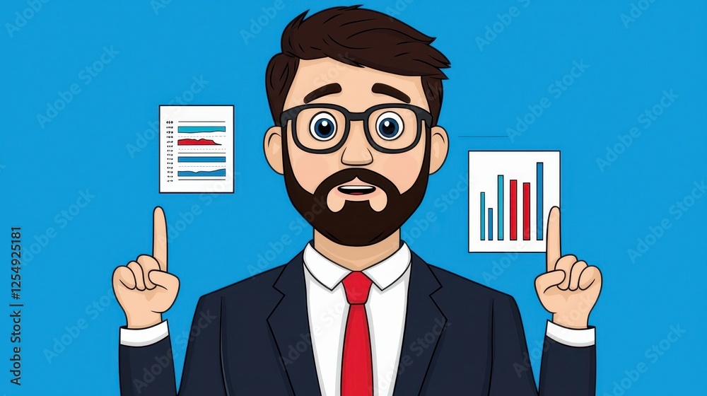 Surprised Businessman Presenting Charts and Graphs in Pixel Art Style Surprised Businessman Presenting Charts and Graphs in Pixel Art Style
