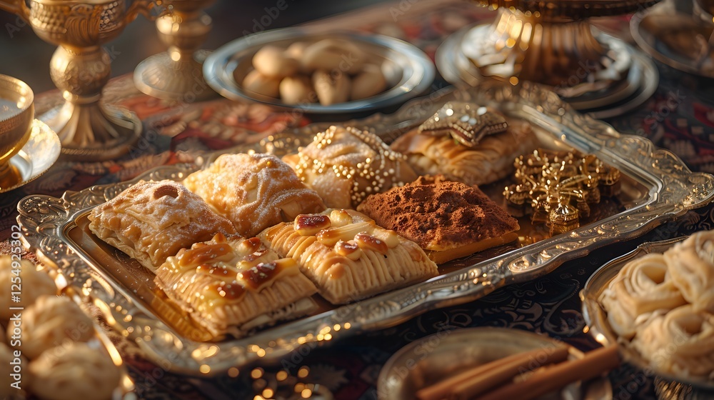 Naklejka premium Assorted traditional Eid sweets beautifully arranged on an elegant serving tray
