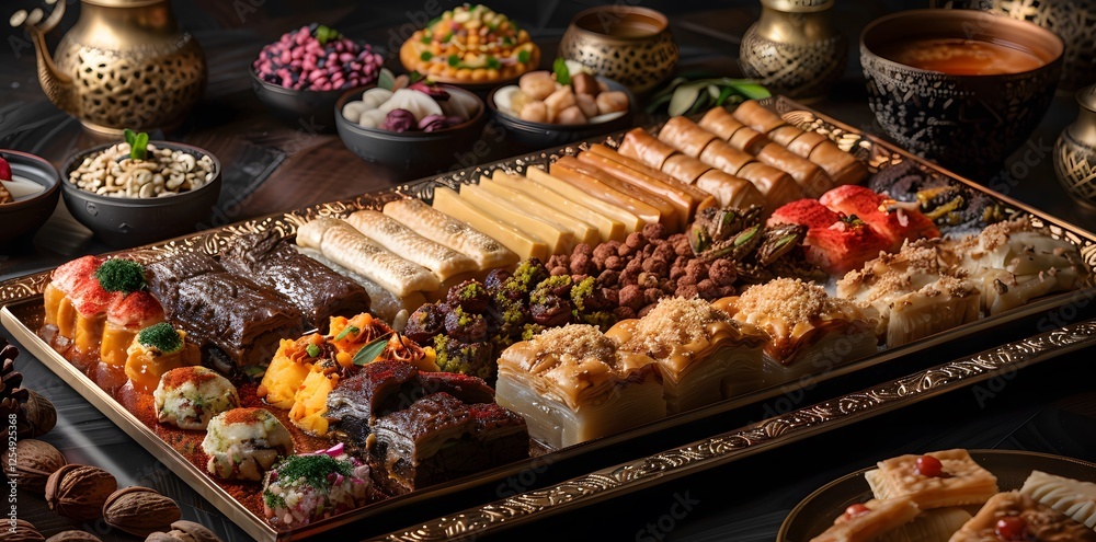 Fototapeta premium Festive Eid dessert selection with traditional sweets beautifully served on a decorative plate