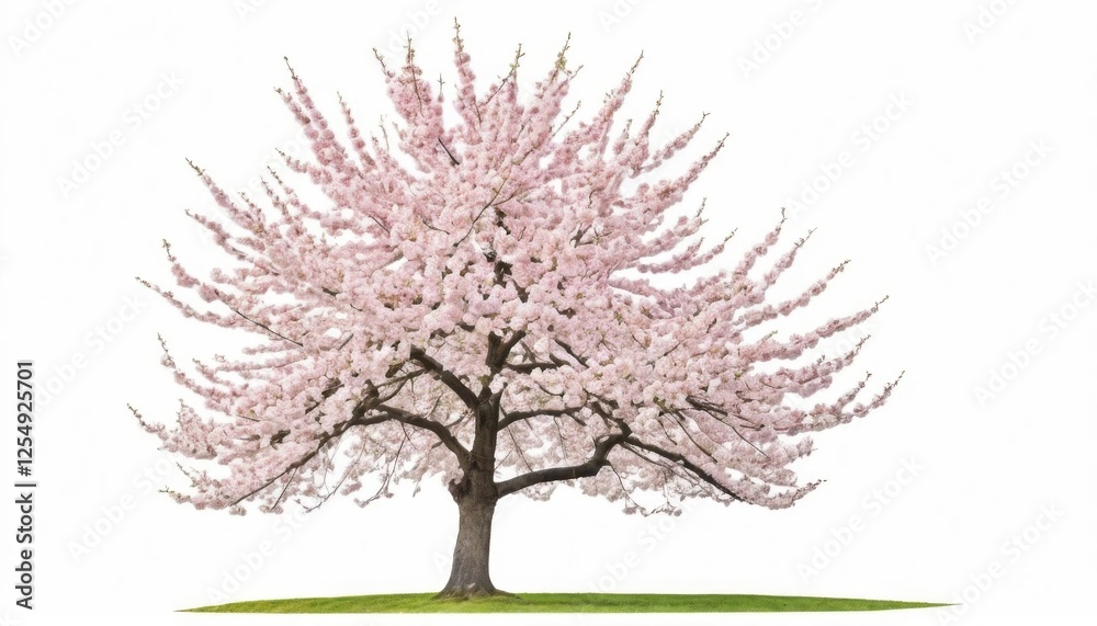 Fototapeta premium Pink cherry blossom tree in full bloom with delicate branches and petals in a seasonal illustration, on white background