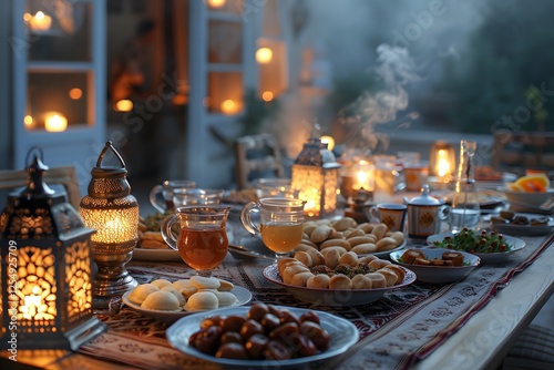 Elegant Iftar table set with traditional Middle Eastern dishes for Ramadan evening meal