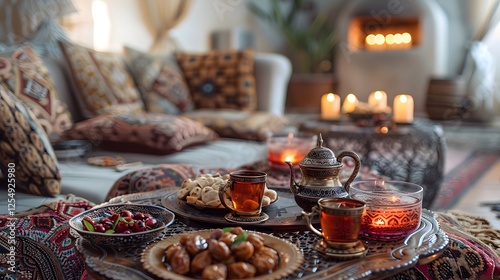 Traditional Iftar setup with dates hot tea kebabs samosas and yogurt dip