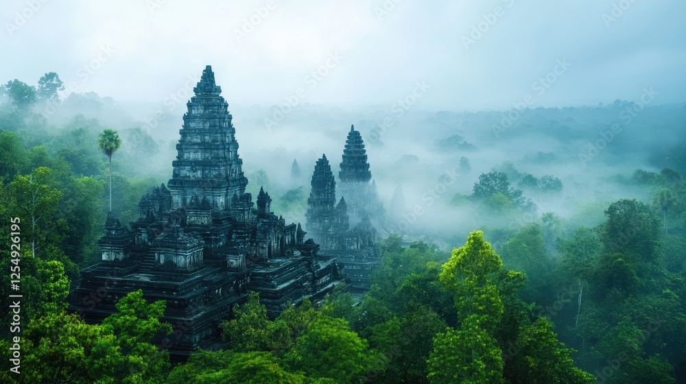 A wide shot of an ancient stone temple enveloped in mist, hidden within a dense, green forest for a mysterious atmosphere A wide shot of an ancient stone temple enveloped in mist, hidden within a dense, green forest for a mysterious atmosphere