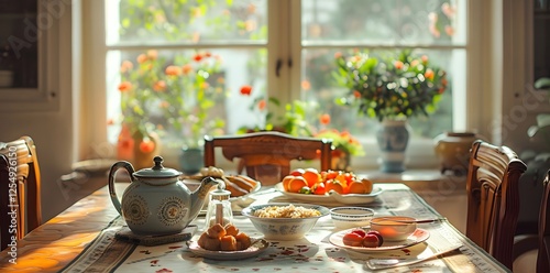 Festive Iftar table with dates, hot tea, and a variety of traditional homemade dishes
