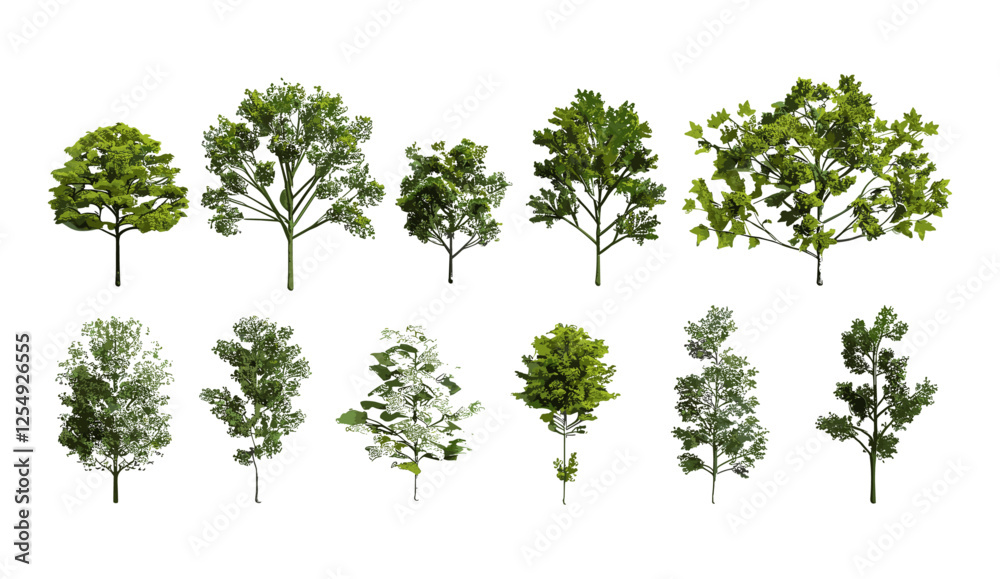 Obraz premium Vector illustration of 3D render trees set, cutout shapes for environmental design, PNG file, transparent backgrounds, green foliage, nature concept, landscape elements