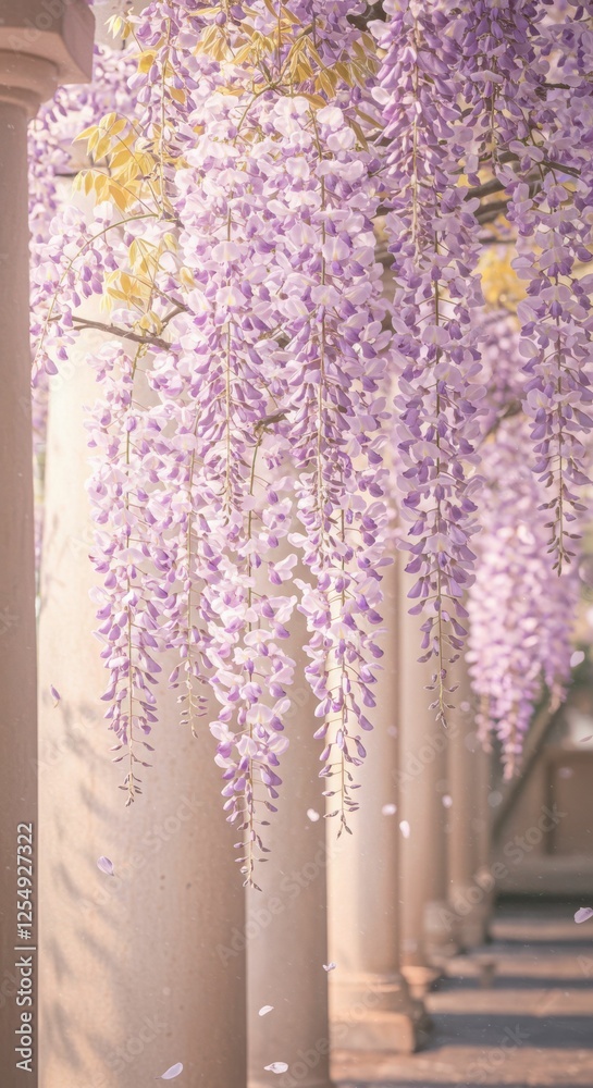 Obraz premium Lavender wisteria blooms cascade elegantly against soft column background