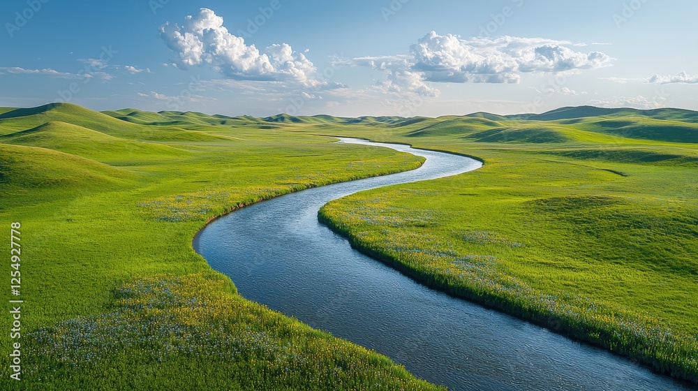Fototapeta premium Serene River Winding Through Lush Meadows