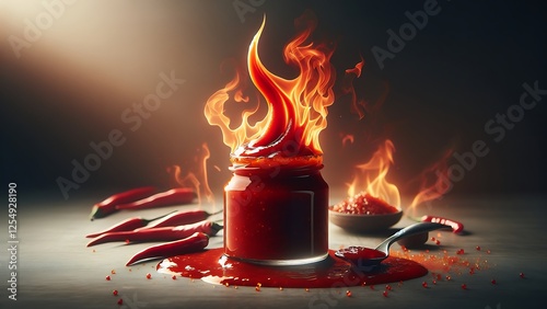 Hot chili sauce in a jar emits flames illustrating its spiciness, wallpaper, posters, red chilies. promotion.