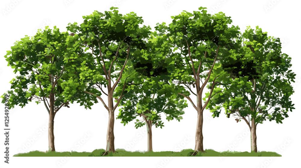 Vector illustration large hardwood trees group cutout on transparent backgrounds png, forest tree clipart, nature silhouette, isolated tree set, green foliage, woodland scene, eco design
