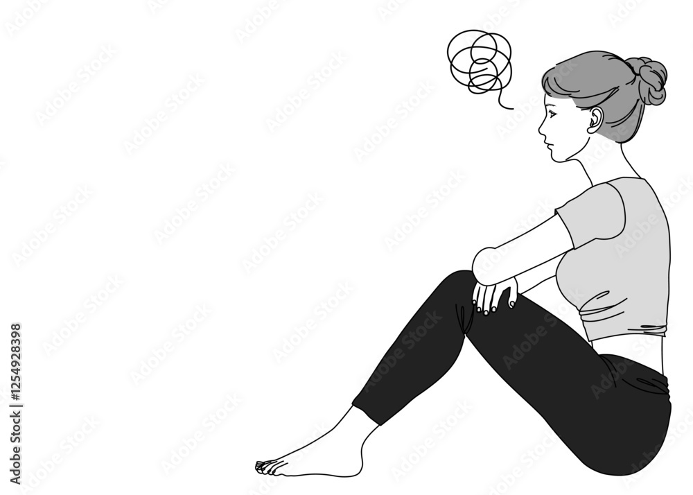 座って膝を抱えて悩む女性ともやもやマークのイラスト 全身横向き 横顔