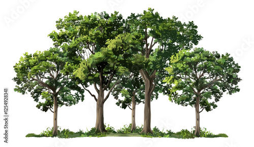 Large hardwood trees group cutout on transparent backgrounds png, vector illustration, nature silhouette, isolated tree set, forest clipart, jungle landscape, woodland elements