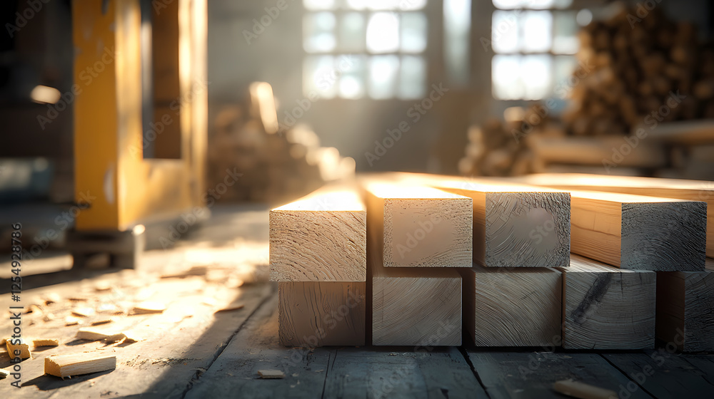 Sunlit Woodshop: Organized Chaos with Piles of Timber and Sawdust