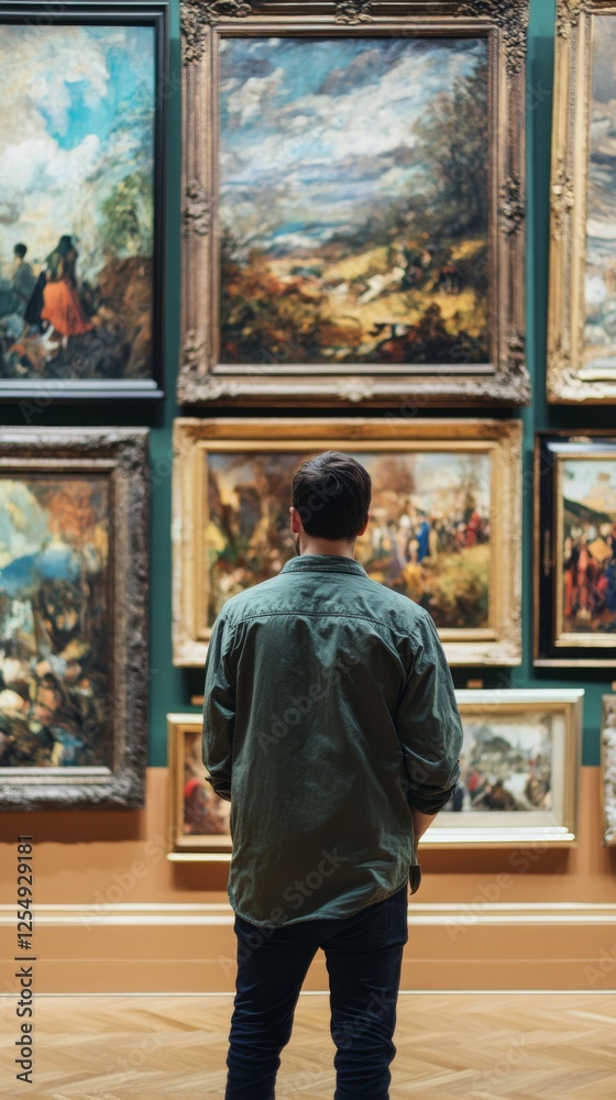 Enjoying classic art in a gallery filled with beautiful paintings on display Enjoying classic art in a gallery filled with beautiful paintings on display