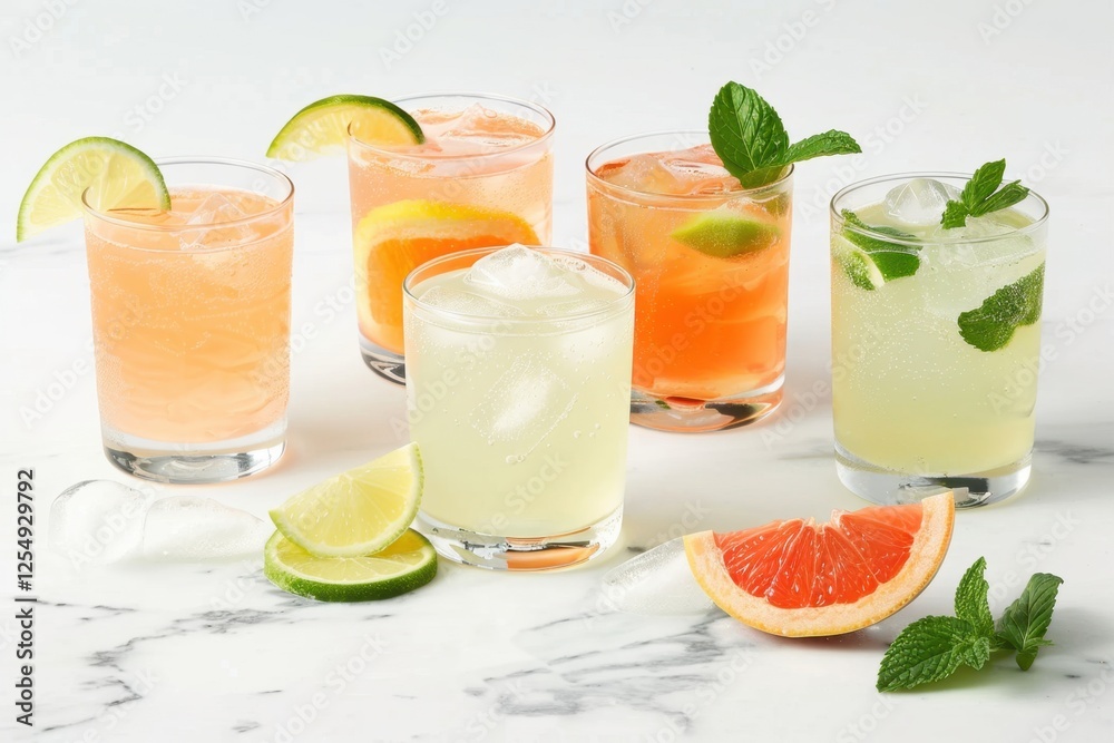 Refreshing citrus cocktails with ice mint slices on marble table Refreshing citrus cocktails with ice mint slices on marble table