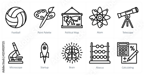 A set of 10 education icons as football, paint palette, atom