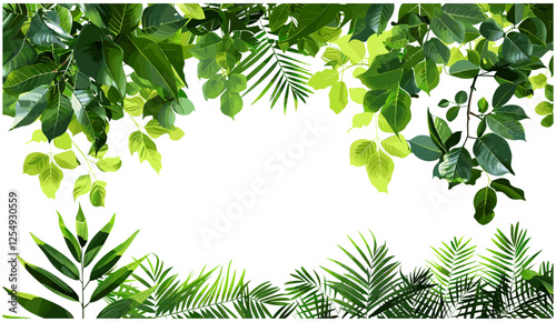 Vector cutout tropical green leaves, exotic plants PNG, jungle foliage background, transparent backdrop, lush greenery, tropical nature, nature foliage, vibrant leaf