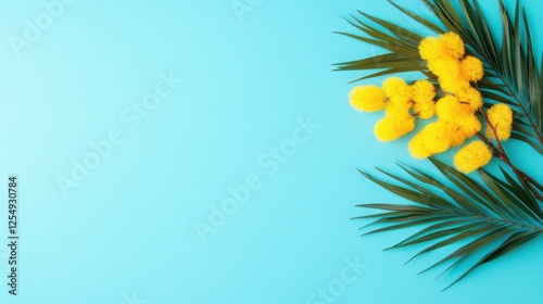 Bright yellow mimosa flowers with green leaves on pastel blue background