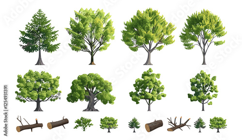 Cutting trees shapes, 3D render vector illustration, transparent backgrounds, environmental design, PNG, forest conservation, eco-friendly graphics, nature elements, deforestation