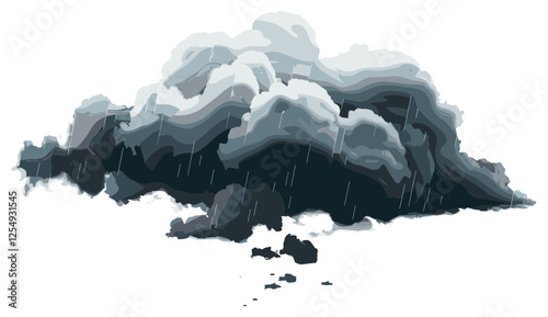 Dark cloud rainy weather vector illustration, storm clouds, isolated cutout, transparent backgrounds, overcast sky, heavy rain, moody atmosphere, bad weather, misty haze