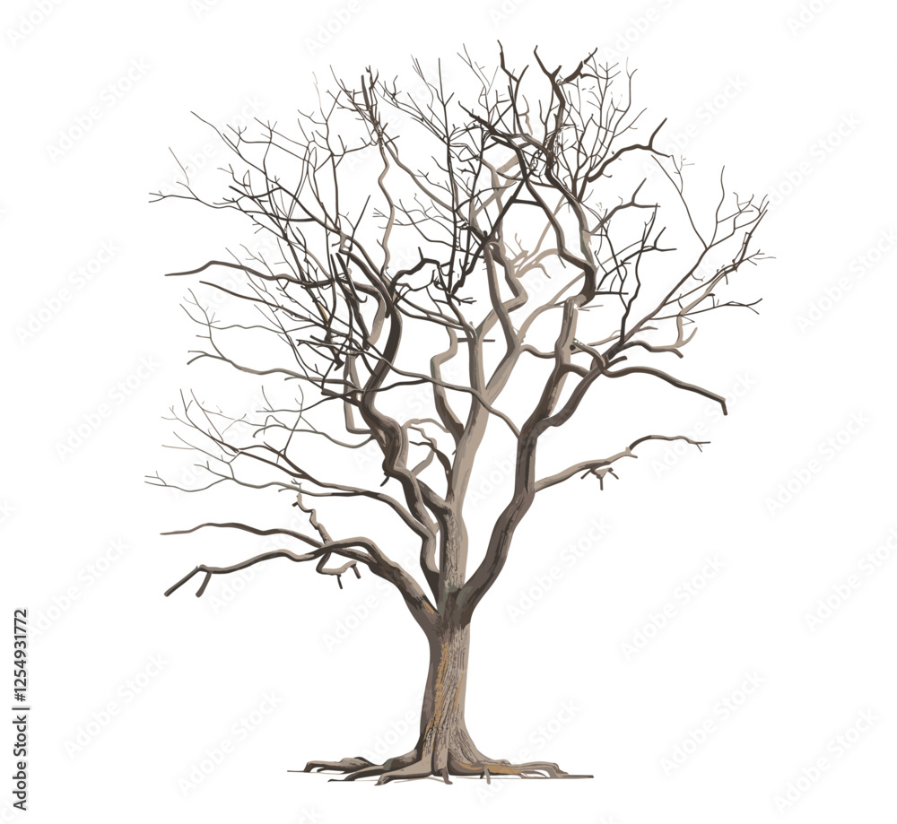 Obraz premium Dry tree, vector illustration, leafless tree, cut-out background, barren branches, isolated tree design, nature silhouette, minimalist tree art, environment concept, eco design