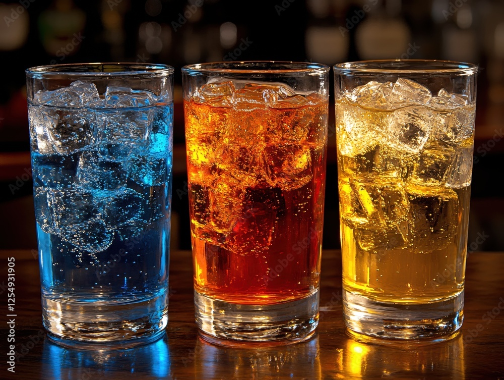 Three Colorful Refreshing Drinks with Ice Cubes on a Bar Counter in a Dark and Moody Ambiance