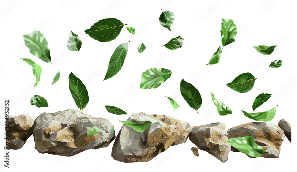 Fototapeta premium Vector illustration lush eco leafs falling down on rocks isolate, green foliage, natural environment, botanical background, abstract nature, decorative leaves, seasonal concept,