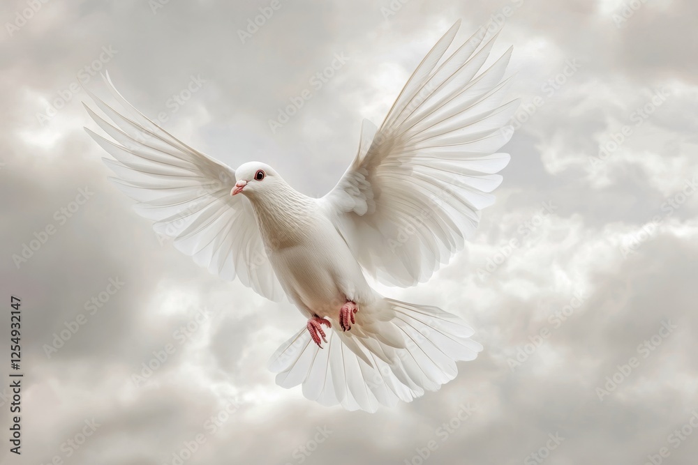 Fototapeta premium White dove gracefully soaring through a cloudy sky, symbolizing peace and hope amidst nature's beauty