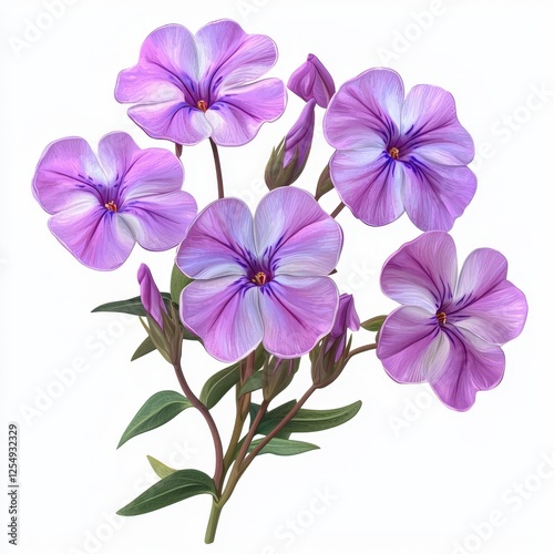 Beautiful Cluster of Delicate Purple Flowers with Soft Petals and Green Leaves in a Bright Background