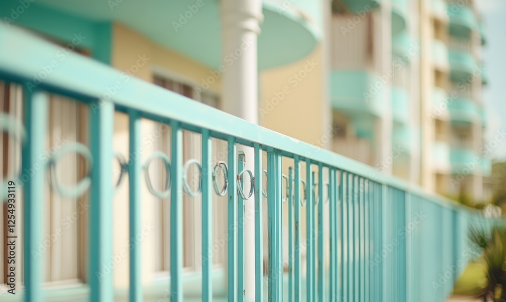 Fototapeta premium Pastel Paradise: A Coastal Teal Fence and Building