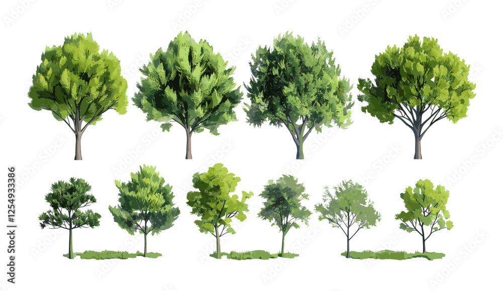 Obraz premium Environmental woods, vector illustration of isolated trees, cutout nature design, greenery, forest collection, eco-friendly vegetation, tree silhouettes, natural landscapes, wild woods